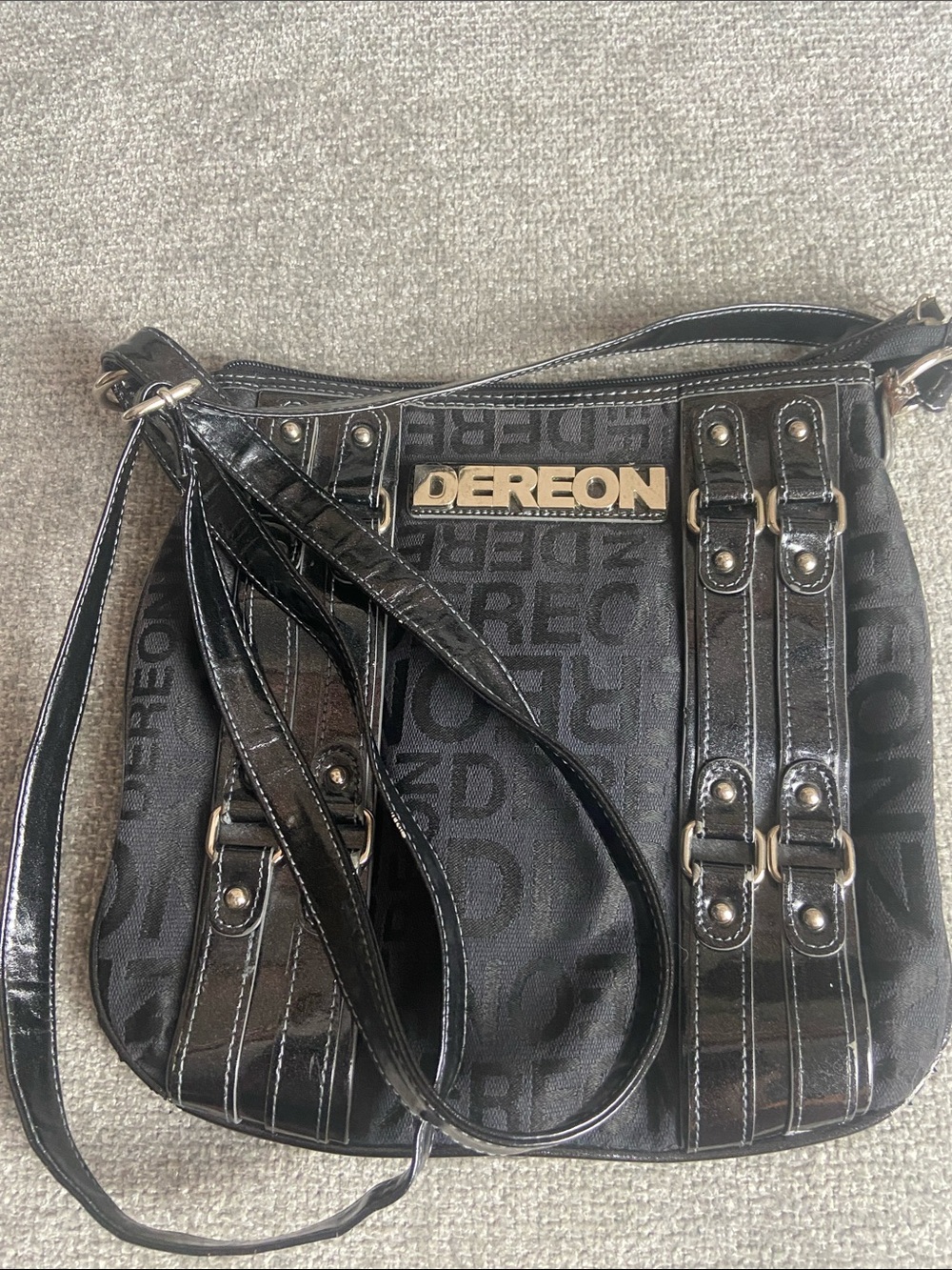 Dereon Black Logo Pattern Crossbody Bag with Gold Plaque